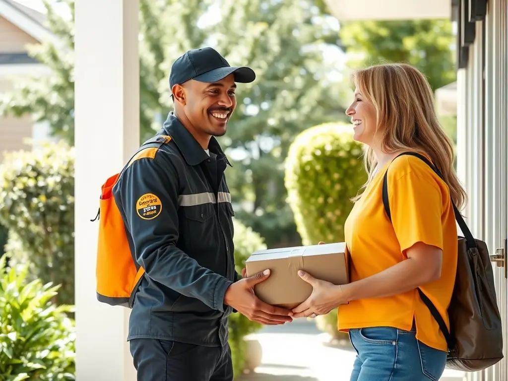 A courier delivering a package to a customer's door in a modern city setting, showcasing the convenience of domestic shipments.