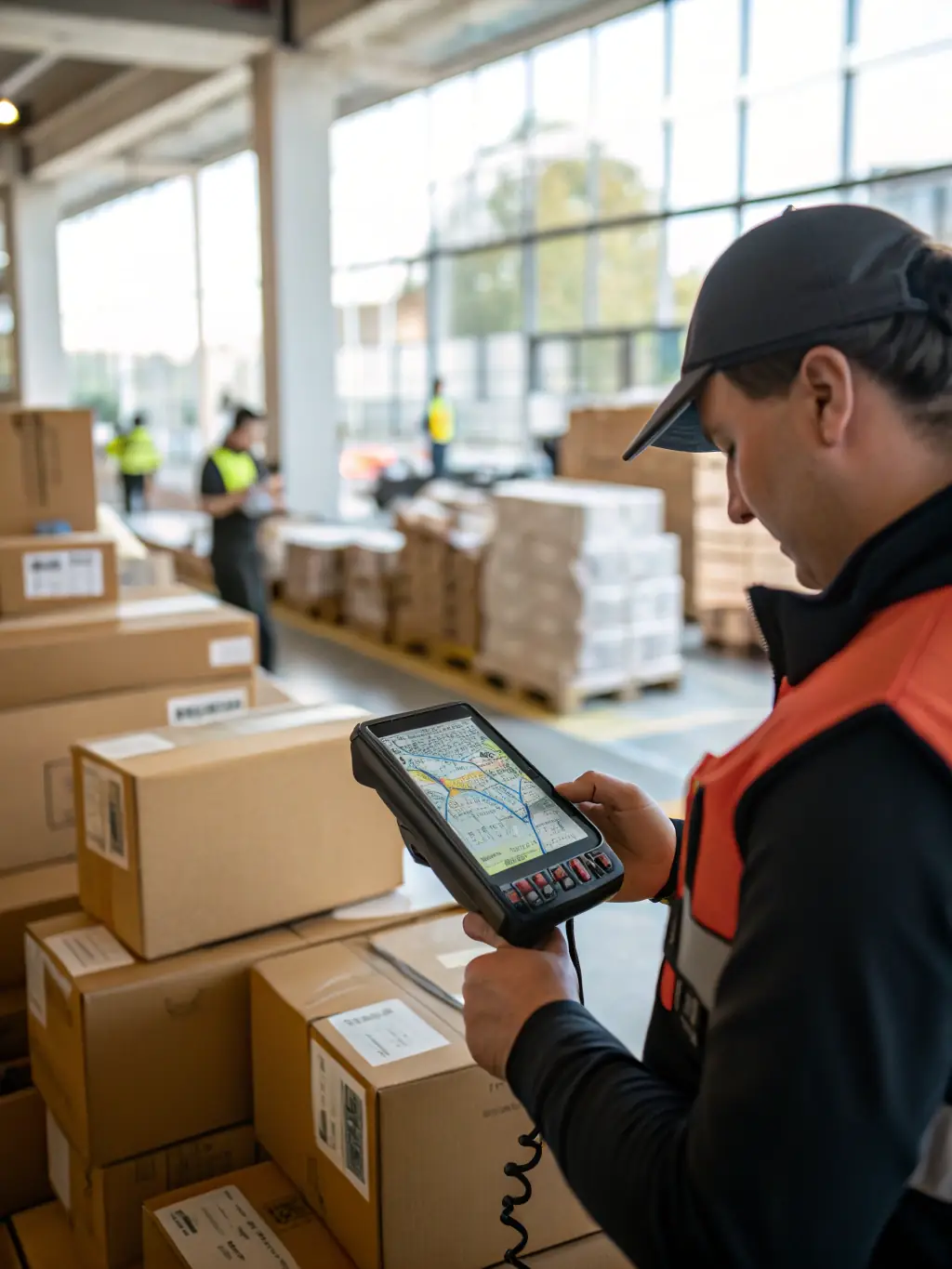 A close-up of a package being scanned with a barcode reader, emphasizing tracking and security.