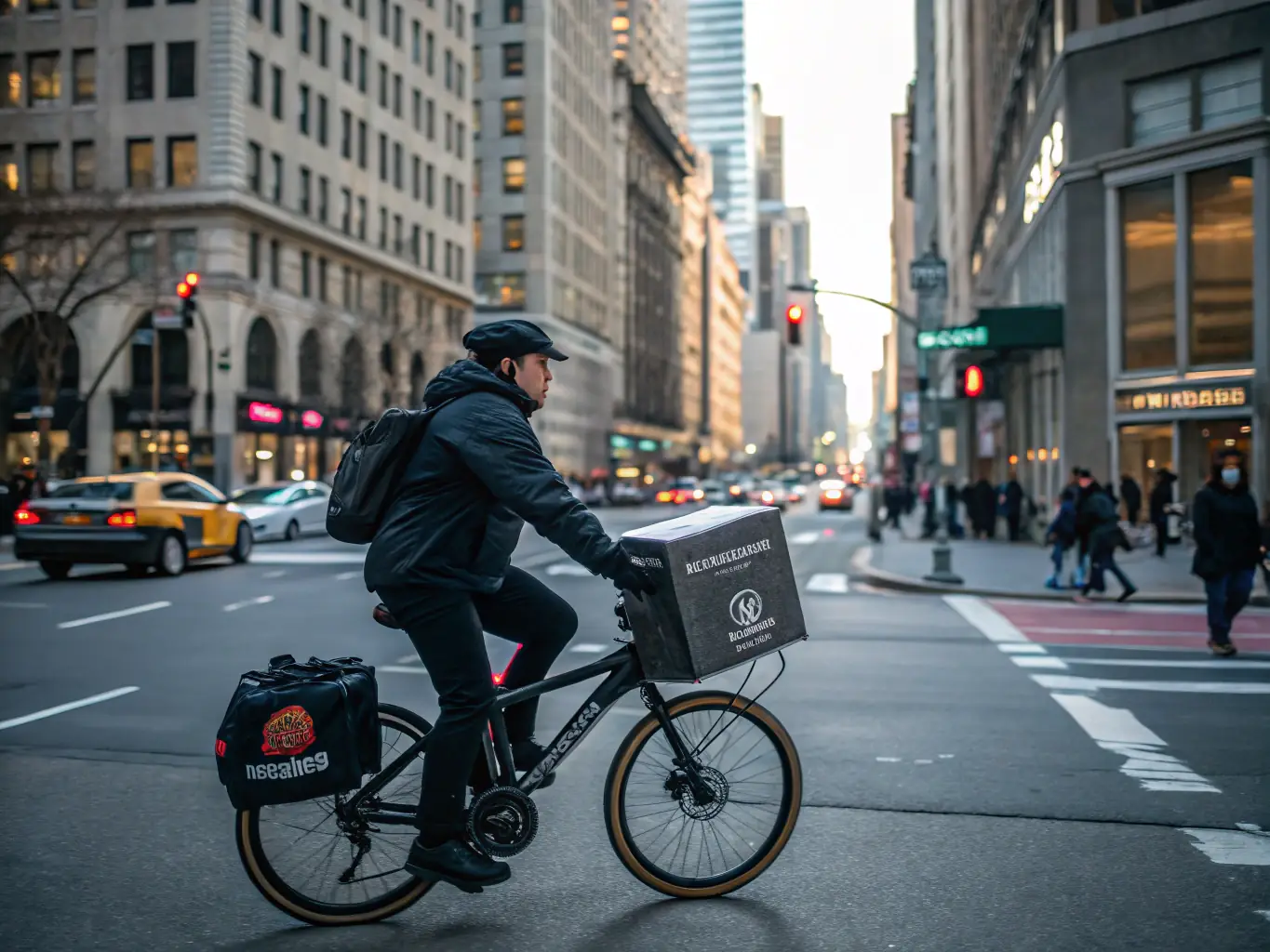 A courier in uniform delivering a package in the bustling center of Warsaw, emphasizing the speed and efficiency of city courier services.