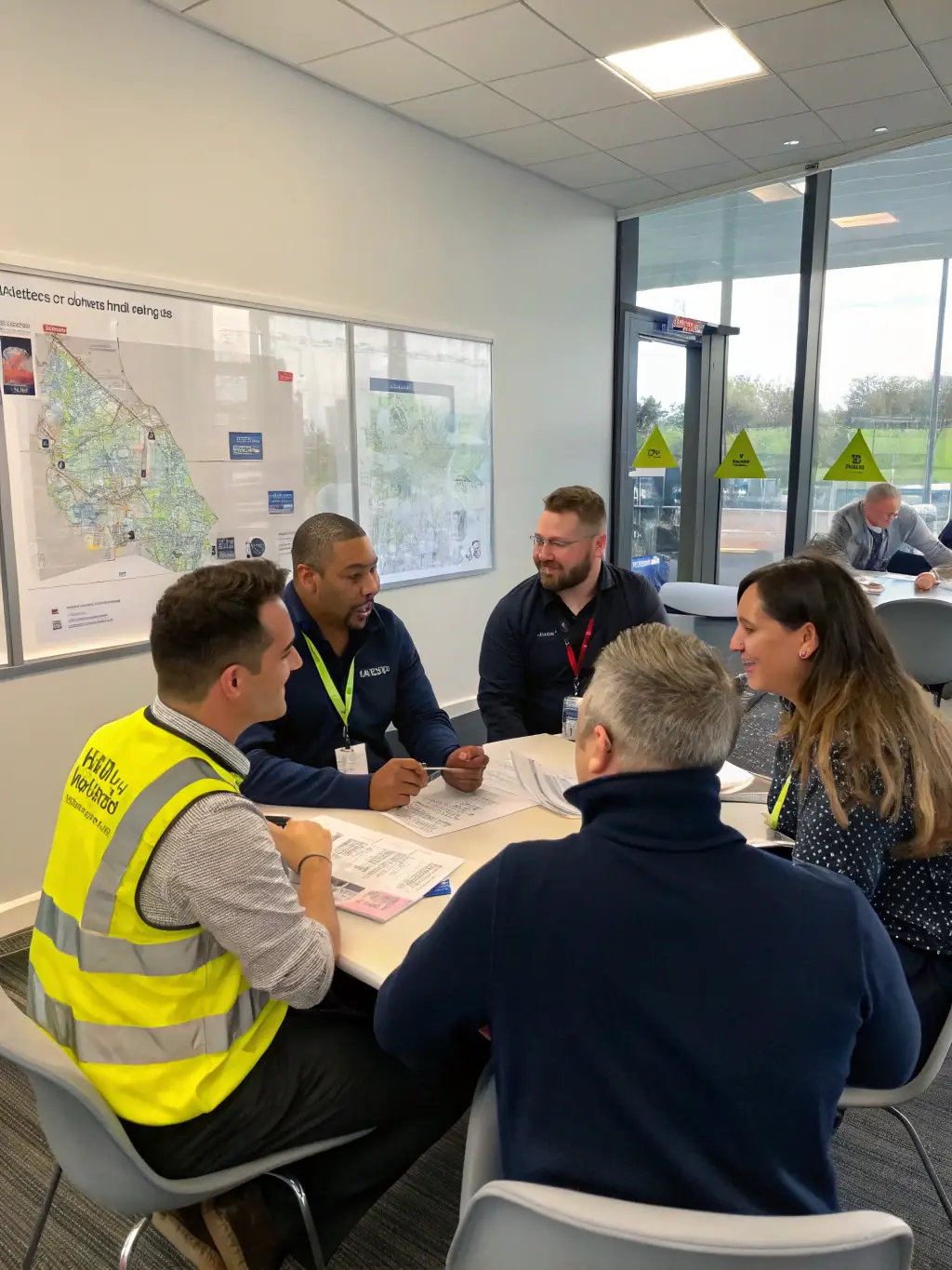A diverse team of Szybka Paczka employees working together in a modern logistics center, highlighting teamwork and professionalism.